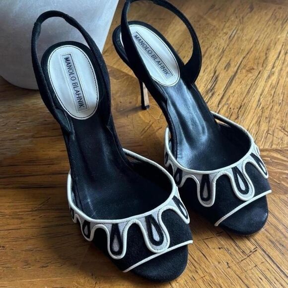 Manolo Blahnik Black White Slingback Heels Size 5.5 Suede Peep Toe Designer - Picture 1 of 7